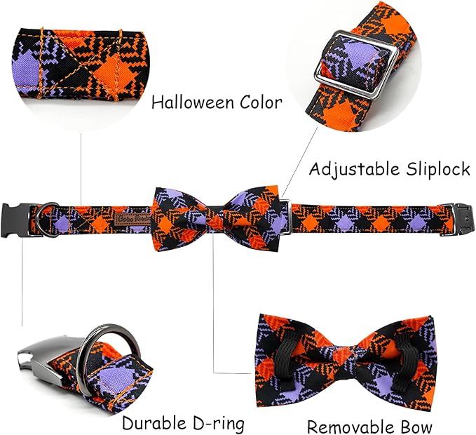 Halloween Dog Collar, Pet Collar Bow Plaid Collars Girl Boy Holiday Pet Collars Gift Bow Dog Collar Cute Soft Puppy Collar for Small Dogs