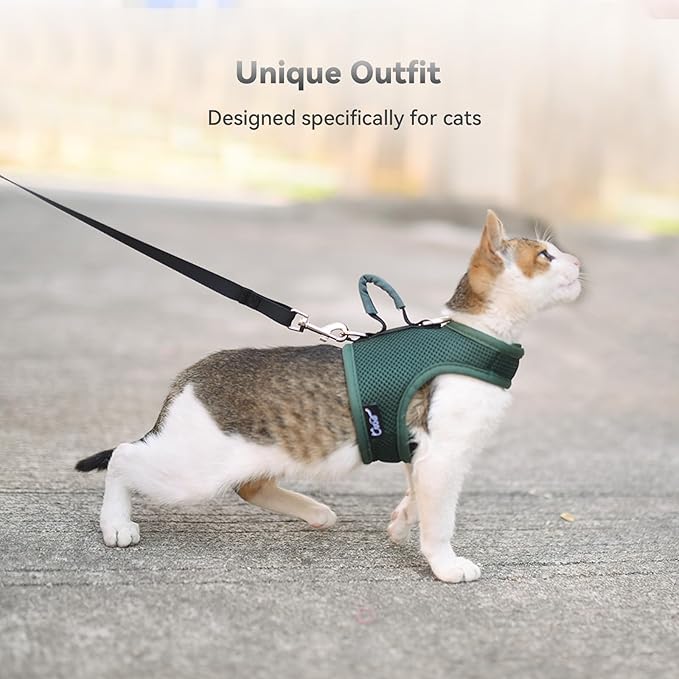 Cat Harness and Leash for Walking Escape Proof Breathable Mesh Fabric, Solid Green, Large, Adjustable Cat Walking Jackets with Handle, Padded Stylish Cat Vest
