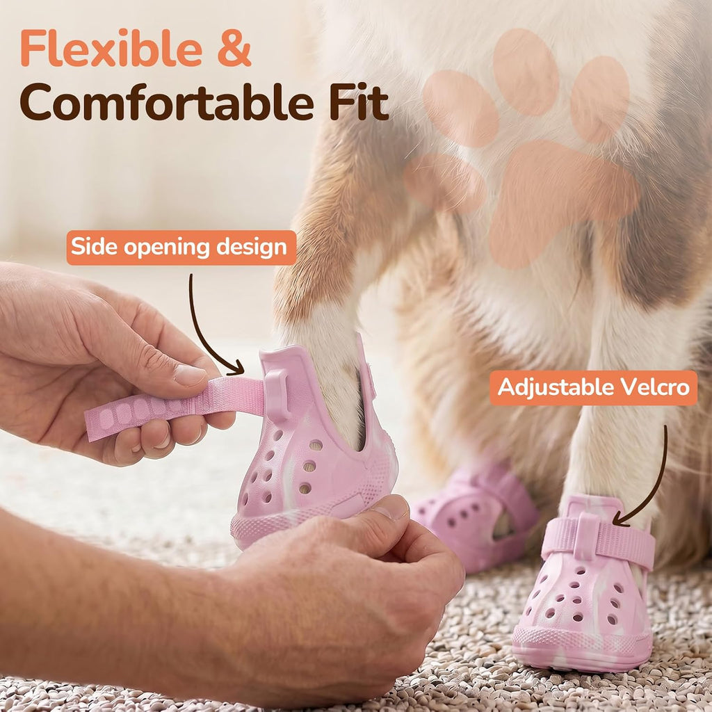 Dog Shoes for Hot Pavement, 4 Pack EVA Glow Dog Boots, Pink, Size 8 | Glow-in-the-dark EVA dog clogs, Breathable Vented, Lightweight Comfort, Non-slip Sole, Summer Walks, Medium & Large Dogs