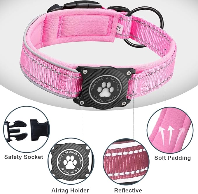 Airtag Dog Collar with Waterproof Air Tag Holder, Luminous Reflective, Soft Padded, Adjustable Nylon Pet Collar for Small Medium Large Heavy Duty Dogs,Pink, XL