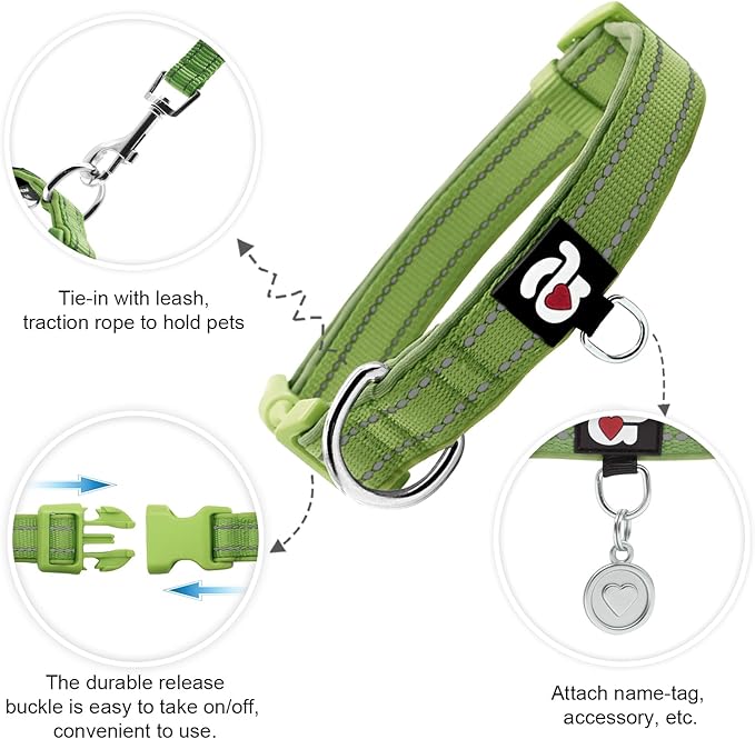 azuza Reflective Dog Collar, Soft Neoprene Padded Pet Collar with ID Tag Ring, Adjustable for Medium Dogs,Army Green,M