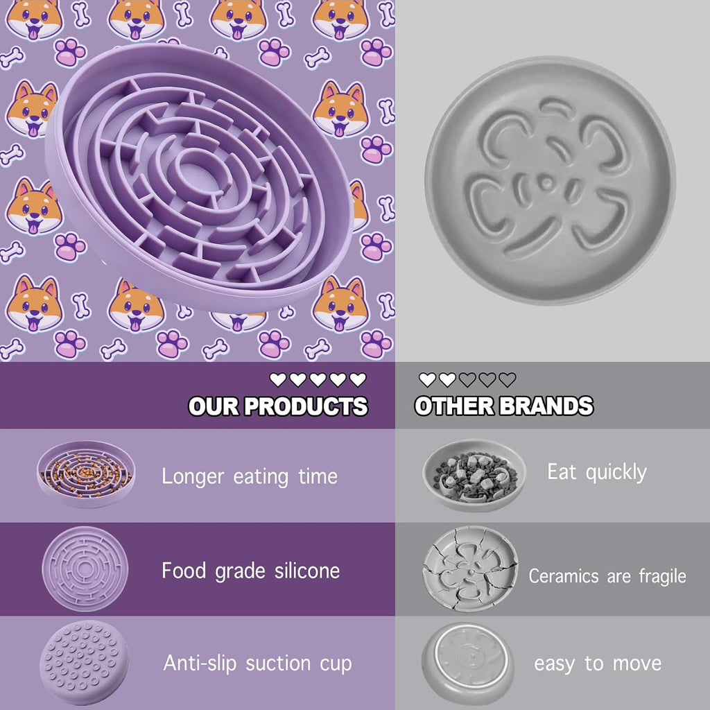 Silicone Slow Feeder Bowl with 37 Non-Slip Suction Cups — Anti-Choking Maze Design, Slows Eating 10x, Anxiety Relief, BPA-Free, for Small & Medium Dogs and Cats (Purple)