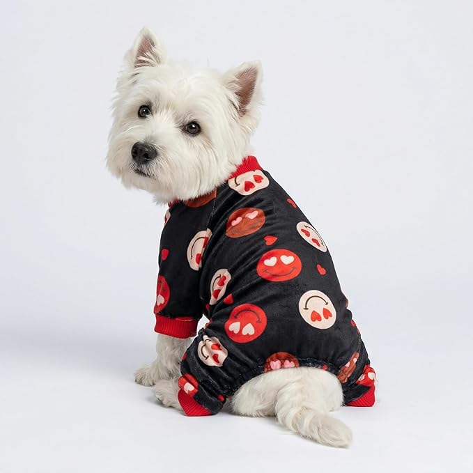 Fitwarm Hearts Eyes Smily Face Dog Pajamas, Cozy Valentines Outfit for Small Dogs Boy Girl, Festive Pet Clothes, Black, Red, XS