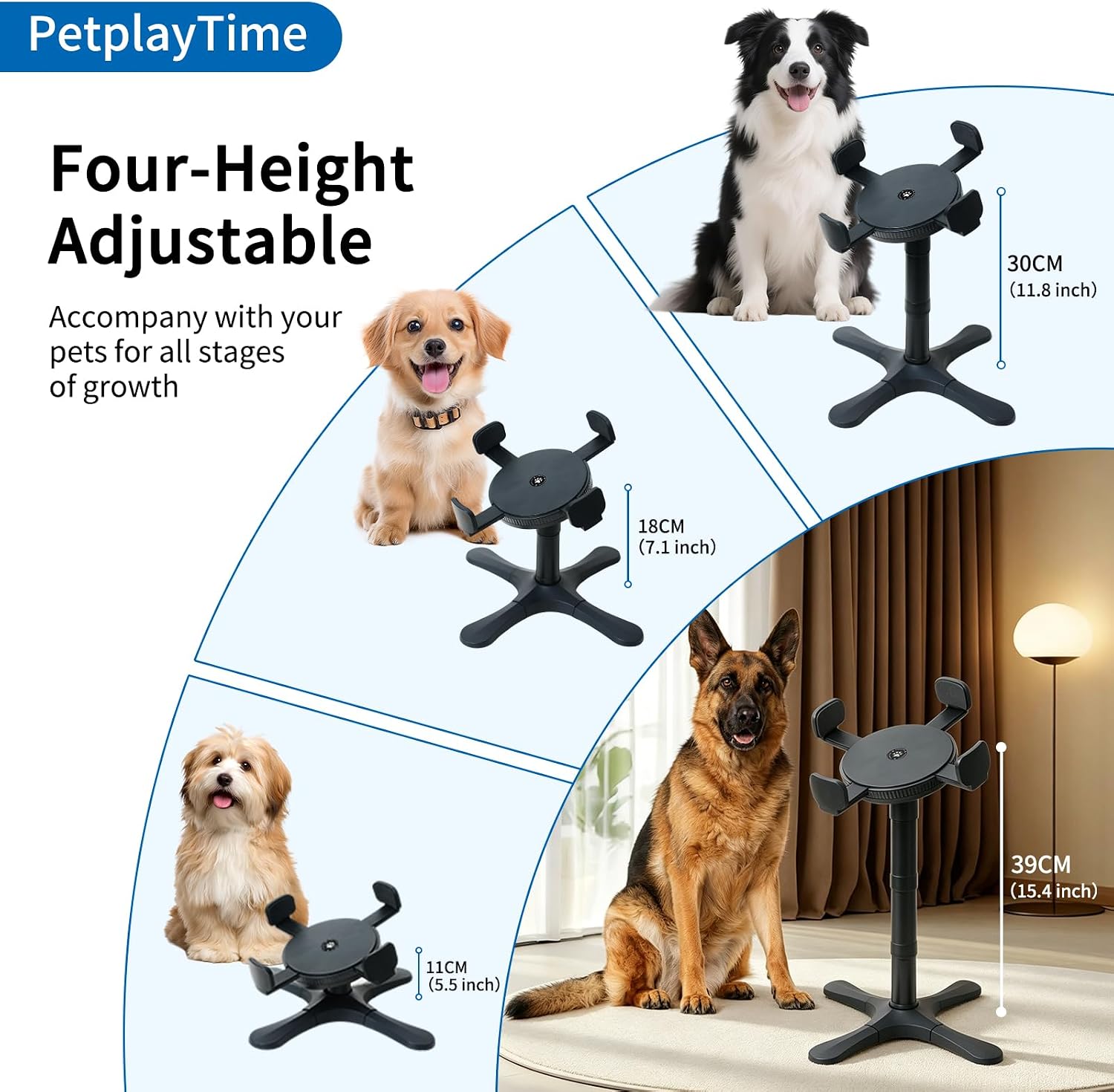Elevated Dog Bowl Stand, 4 Adjustable Heights (4.3"/7.08"/11.81"/15.35") Raised Dog Food Bowl Holder with Tilted Anti-Slip Base, Ergonomic Pet Feeder Stand for Small Medium Large Dogs & Cats
