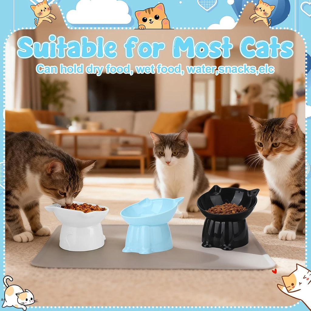 3 Pcs Elevated Cat Bowls 15°Raised Cat Food Bowl with Silicone Mat Blue | Whisker Friendly Anti Vomiting Cats Dishes Pet Food and Water Bowls for Indoor Cats Kittens