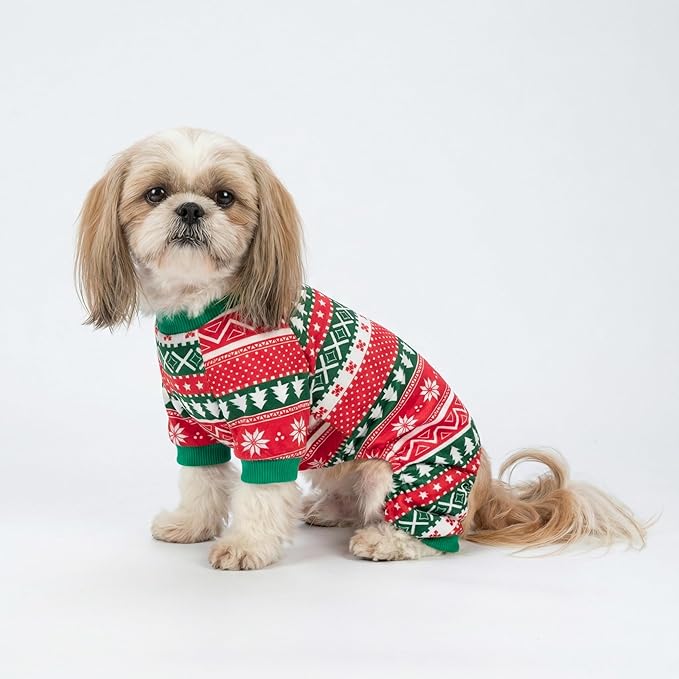 Fitwarm Dog Christmas Outfit, Holiday Pet Clothes for Small Dogs Boy Girl, Festive Pajamas with Feet, Puppy Onesie, Red, Green, XXL