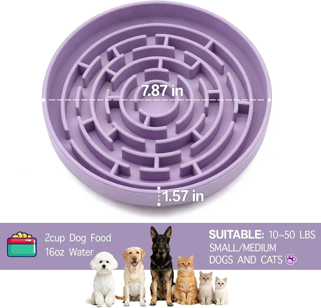Silicone Slow Feeder Bowl with 37 Non-Slip Suction Cups — Anti-Choking Maze Design, Slows Eating 10x, Anxiety Relief, BPA-Free, for Small & Medium Dogs and Cats (Purple)