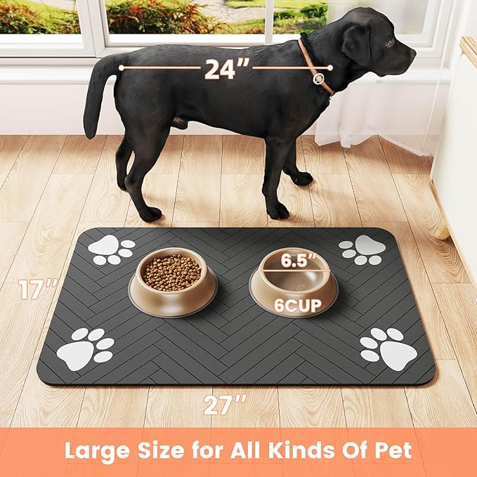 Pet Feeding Mat-Absorbent Pet Placemat for Food and Water Bowl, with Waterproof Rubber Backing, Quick Dry Water Dispenser Mat for Dog and Cat (24"x16", Striped Dark Gray)