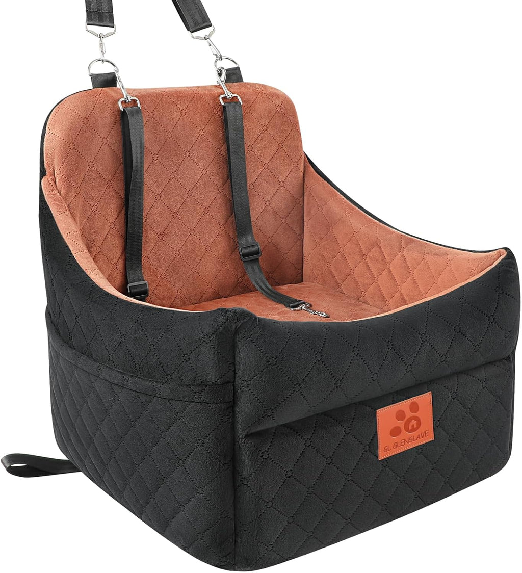 GL GLENSLAVE Dog Car Seat for Small/Medium Dogs, Dog Booster Car Seats with Thick Cushion for Dogs Under 35 lbs, Detachable Washable Pet Carseat with Storage Pockets, 2 Safety Belts(Black/Brown)