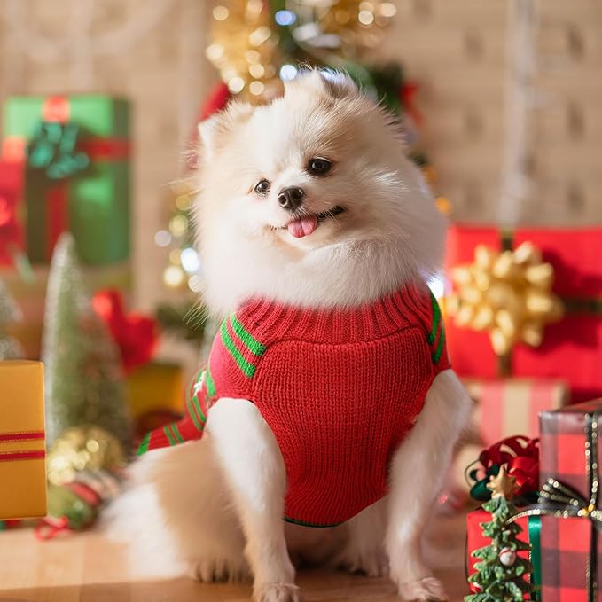Dog Christmas Sweater Cute Snowman Puppy Cat Costume Boy Girls Xmas Holiday Pet Clothes New Year Outfits Gifts for Small Medium Large Dogs (M, Red Green Stripe Snowman)