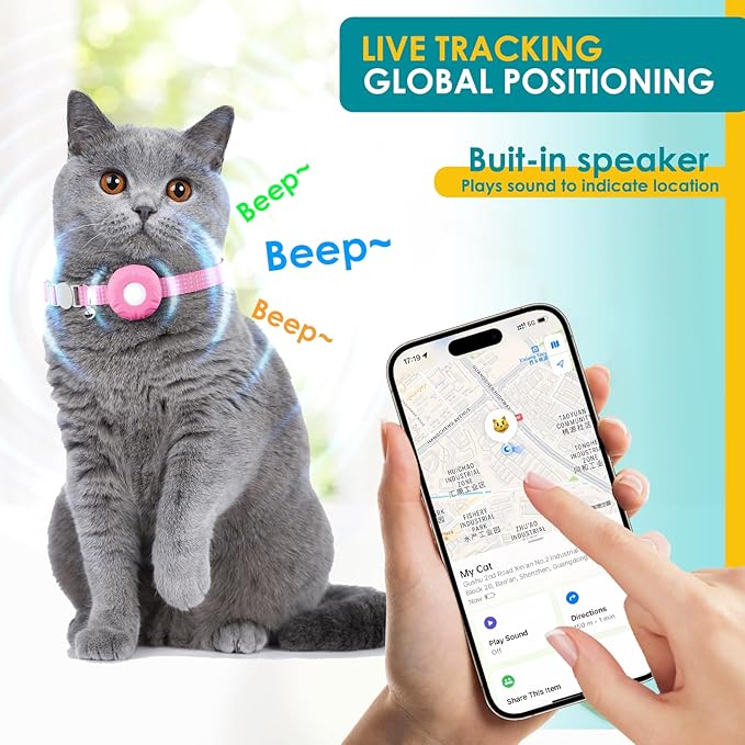 Cat Tracker, Lightweight GPS Tracker Compatible with Apple Find My App(Only iOS), Waterproof Cat Trackers Collar with Bell and Safety Elastic Buckle, No Monthly Fee Pet Tracker, Pink