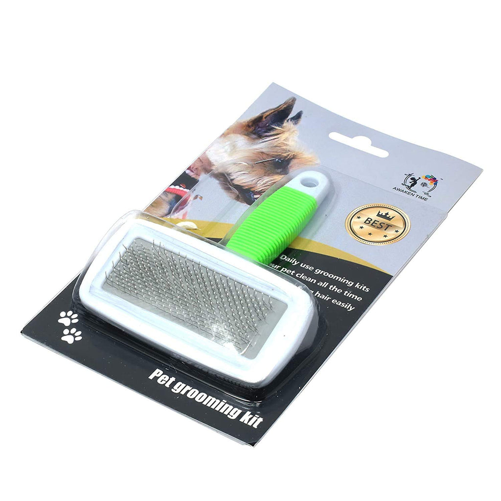 AwakenTime Dog Brush& Cat Brush - Safe Pet Grooming Brush with Rubber Non-Slip Handle for Easy Mats & Tangles Removing - Shedding Tools + Free Comb (Green)