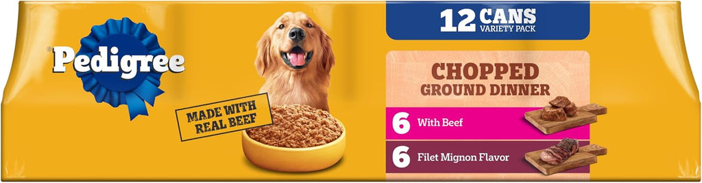 Pedigree Chopped Ground Dinner Wet Dog Food, Beef Pack, 13.2 oz, 12 Count | 100% complete & balanced, 36 vitamins & minerals, slow cooked, 30%+ water for hydration, supports skin & coat & lean muscles