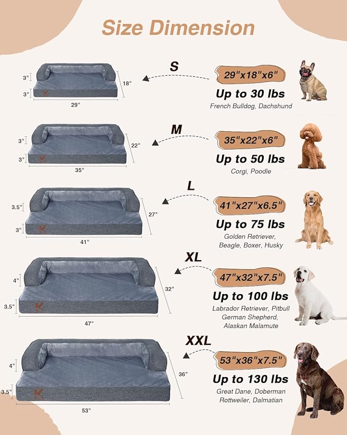 KSIIA Washable Dog Bed Large Sized Senior Dog, Orthopedic Warm Soft Pet Sofa Waterproof Pet Couch with Sides, Non-Slip and Egg-Crate Foam Big Beds with Removable Cover, 35x22Inch, Dark Grey