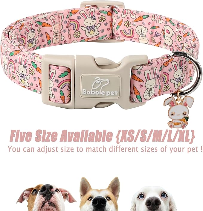 Easter Dog Collar for Small Dogs - Pink Girly Bunny Dog Collars, Cute Girl Dogs Easter Collar, Adjustable Female Spring Holiday Pet Collars with Quick Release Buckle S