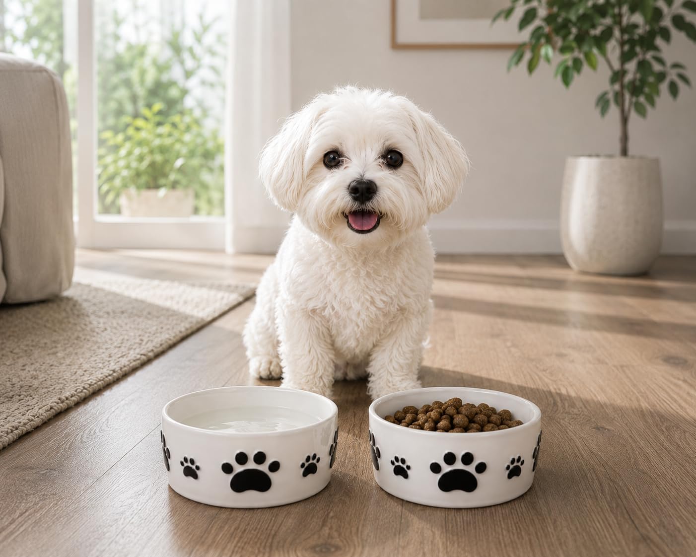 Ceramic Dog Bowls Set, 5''×2'', with Anti-Slip Rings, 2 Cups Capacity
