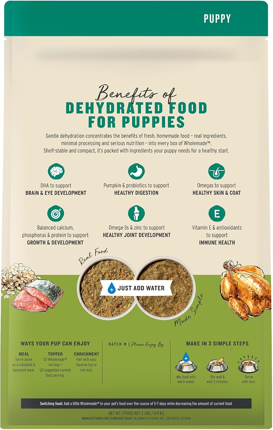 The Honest Kitchen Human Grade Wholemade™ Whole Grain Chicken & Salmon Dehydrated Puppy Dog Food, 2lb Bag (Makes 8lbs)