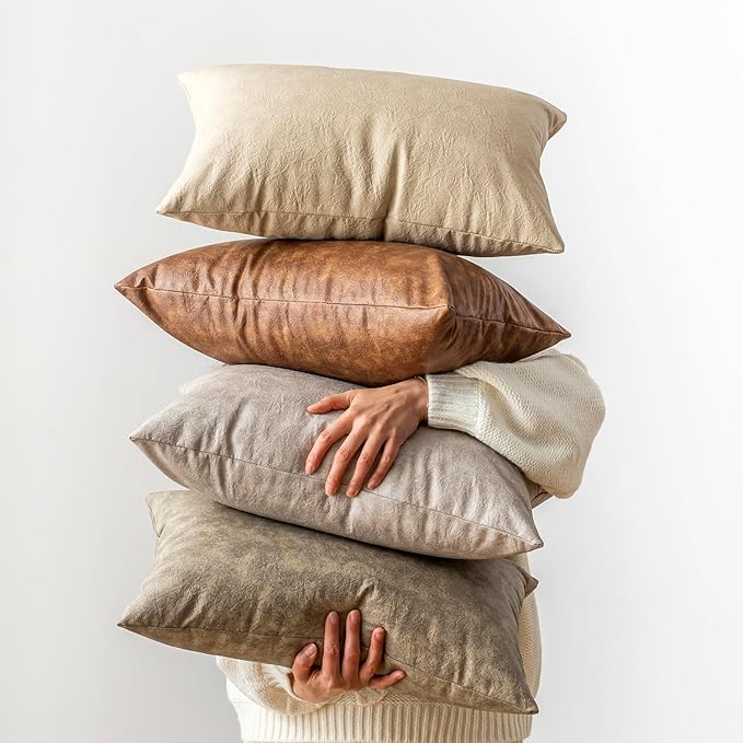 Pack of 2 Faux Leather Pillow Covers, Soft Rustic Farmhouse Neutral Vintage Decorative Cushion Cover, for Home Decor Outdoor Waterproof Pet Hair Resistant Thickened and durable 18X18 Inch Beige