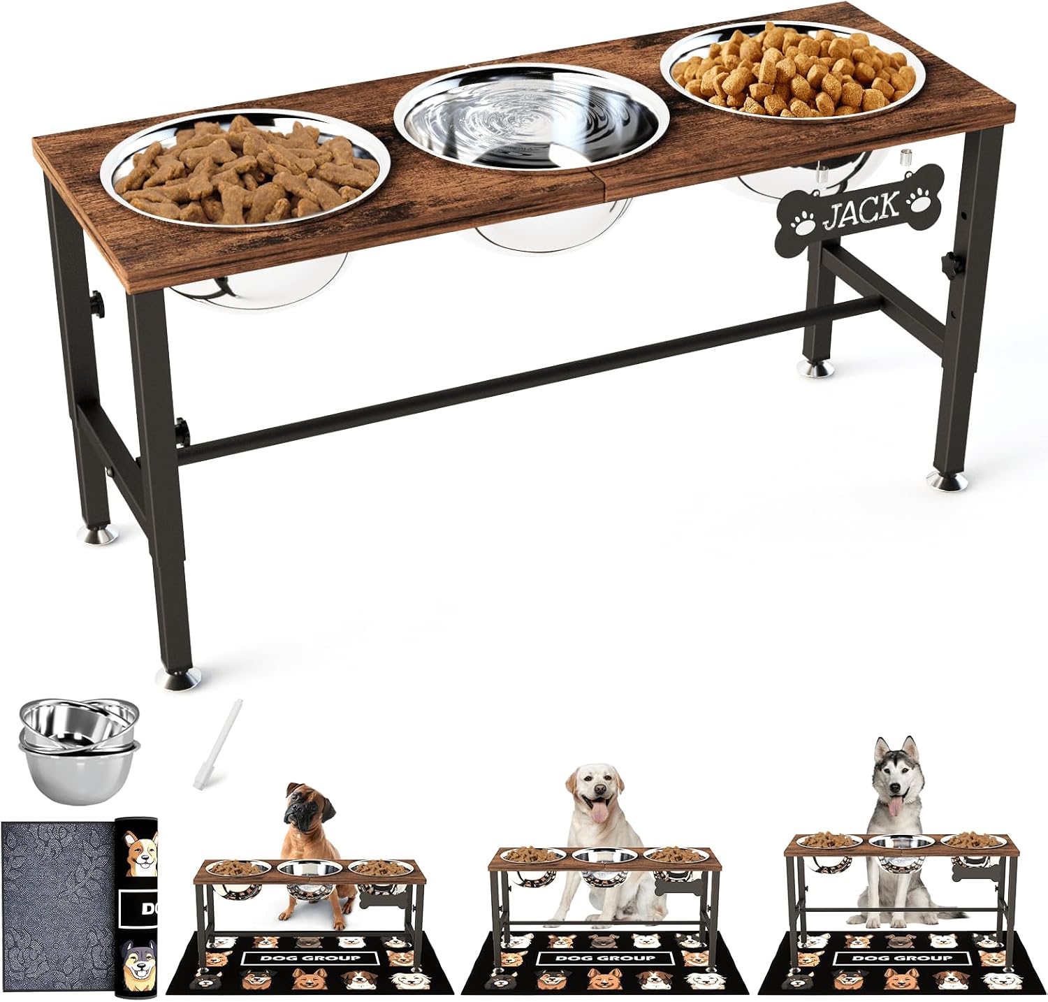 SHAINFUN Adjustable Height Elevated Dog Bowl Stand – Wooden Raised Dog Bowls with Three 58oz Stainless Steel Bowls & Mat for Small to Large Dog Breeds