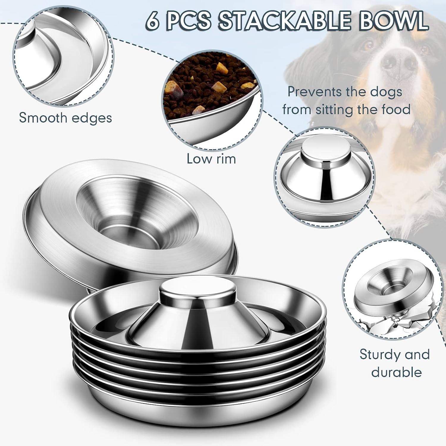 Zopeal 6 Pcs Stainless Steel Puppy Bowls 10.2" Puppy Feeder Dog Water Food Feeding Bowl for Multiple Weaning Small Dogs Cats, Pet Eating at The Same Time, Cylinder Style