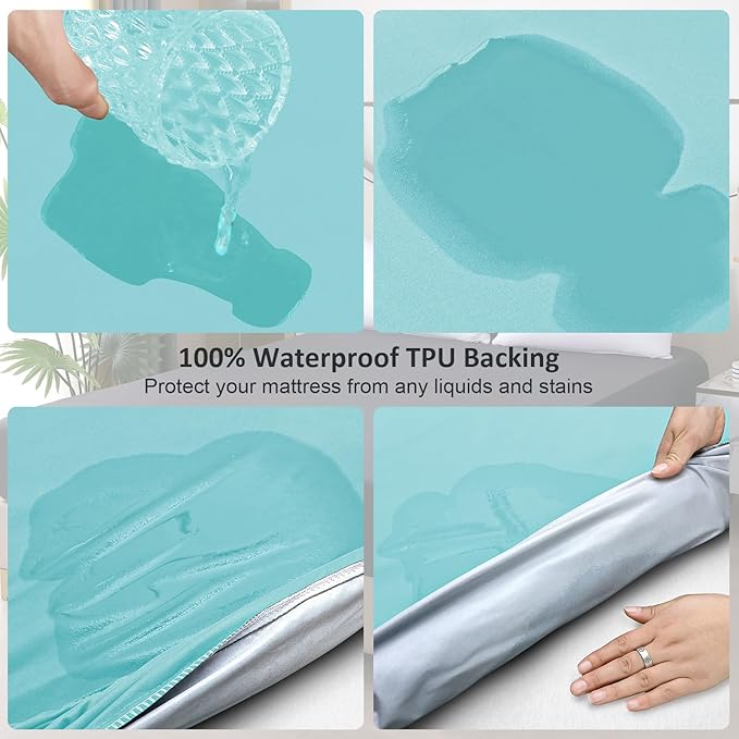 Waterproof Mattress Protector King, Fitted Sheet Style Breathable Mattress Cover with Deep Pocket Fits Up to 18'', Noiseless Bed Cover for Kids Adults Pets, Machine Washable (Cyan, 76'' X 80'')