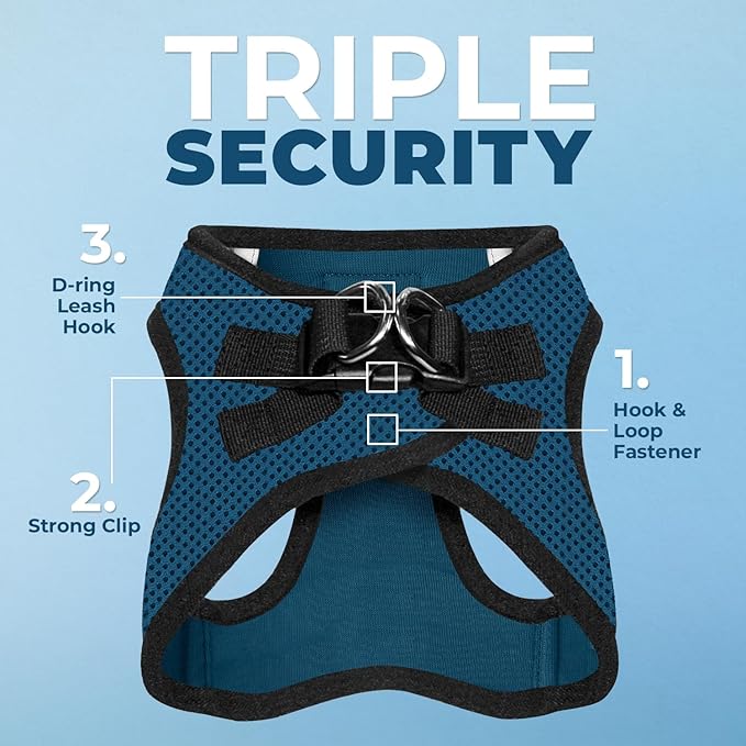 Best Pet Supplies - All Weather Mesh / Plush, Reflective, No Pull Harness for Small, Medium Dogs, Cats - Secure with Hook & Loop Fastener, Buckle, Double D-Rings - Blue/Black Trim, L