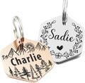 Personalized Pet ID Tags,Custom Stainless Steel Dog and Cat Tags (Hexagon) | Customizable Hexagon, Bone and Round Shapes, Multiple Designs with Mountain, Floral, and Night Sky Patterns,Laser engraving