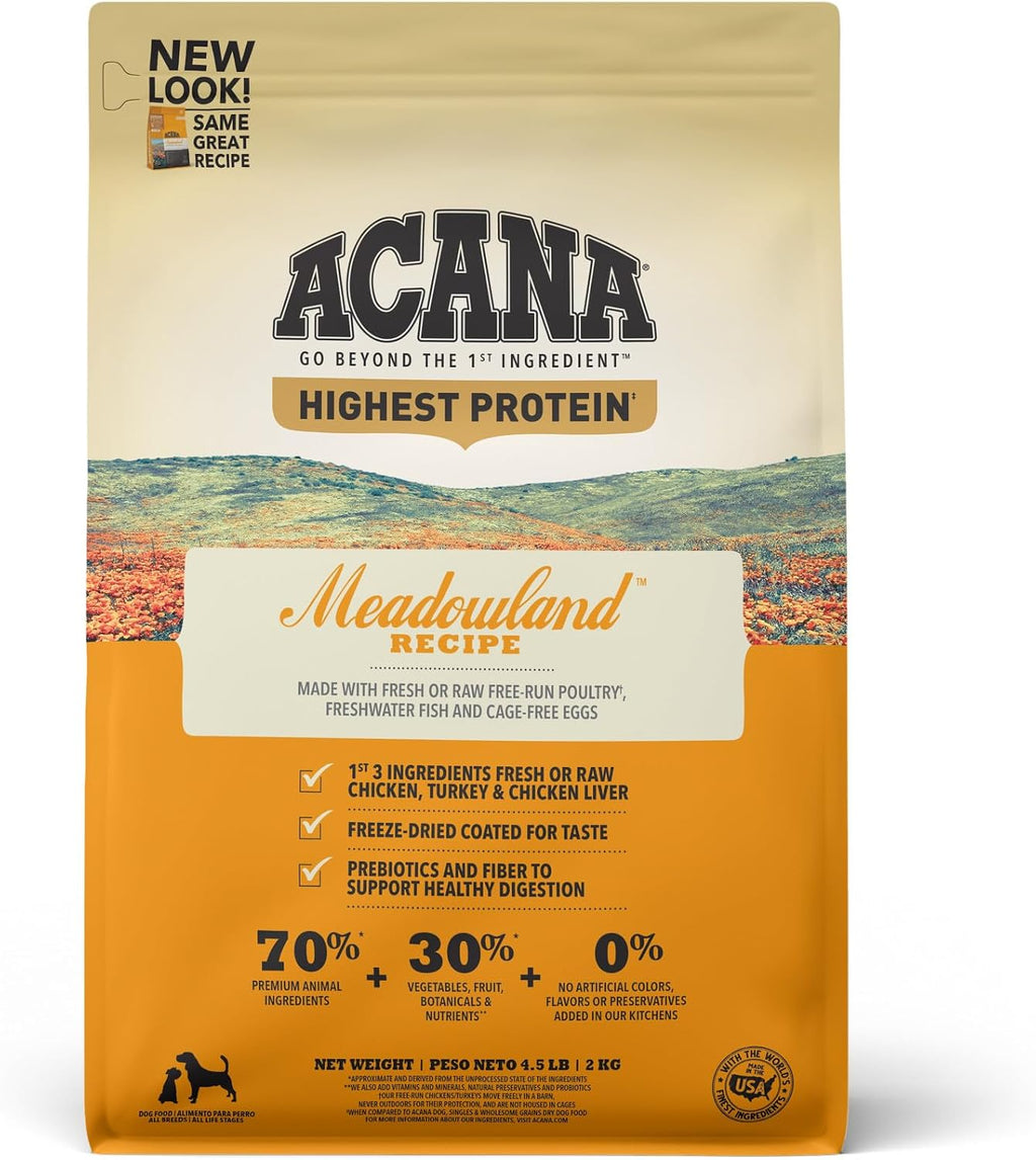 ACANA Highest Protein Grain Free Dry Dog Food Meadowland Recipe 4.5lb. Bag | Freeze Dried, Grain Free, High Protein, Made in the USA, Includes Probiotics, Global Quality Ingredients