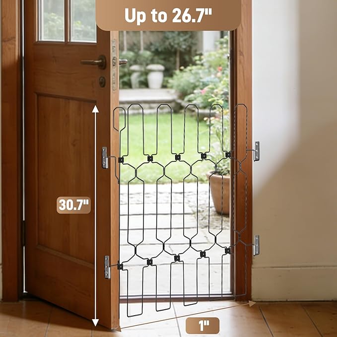 Retractable Dog Gate for Front Door 26" Wide 30.7" Tall Automatic Retractable Dog Barrier to Keep Pets Secure When Door Opens/Closes, Hardware Mount Front Door Barrier for Small/Large Dogs, Indoor