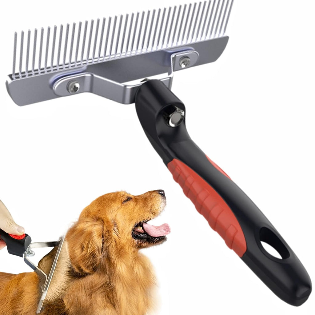 Undercoat Rake for Dogs,Long-haired Pet Grooming Shedding Brush with Handle | Heavy-Duty Rake Comb for Husky German Shepherd, Long Metal Comb Teeth, Silicone Anti-Slip Handle, Black and Red Color Scheme