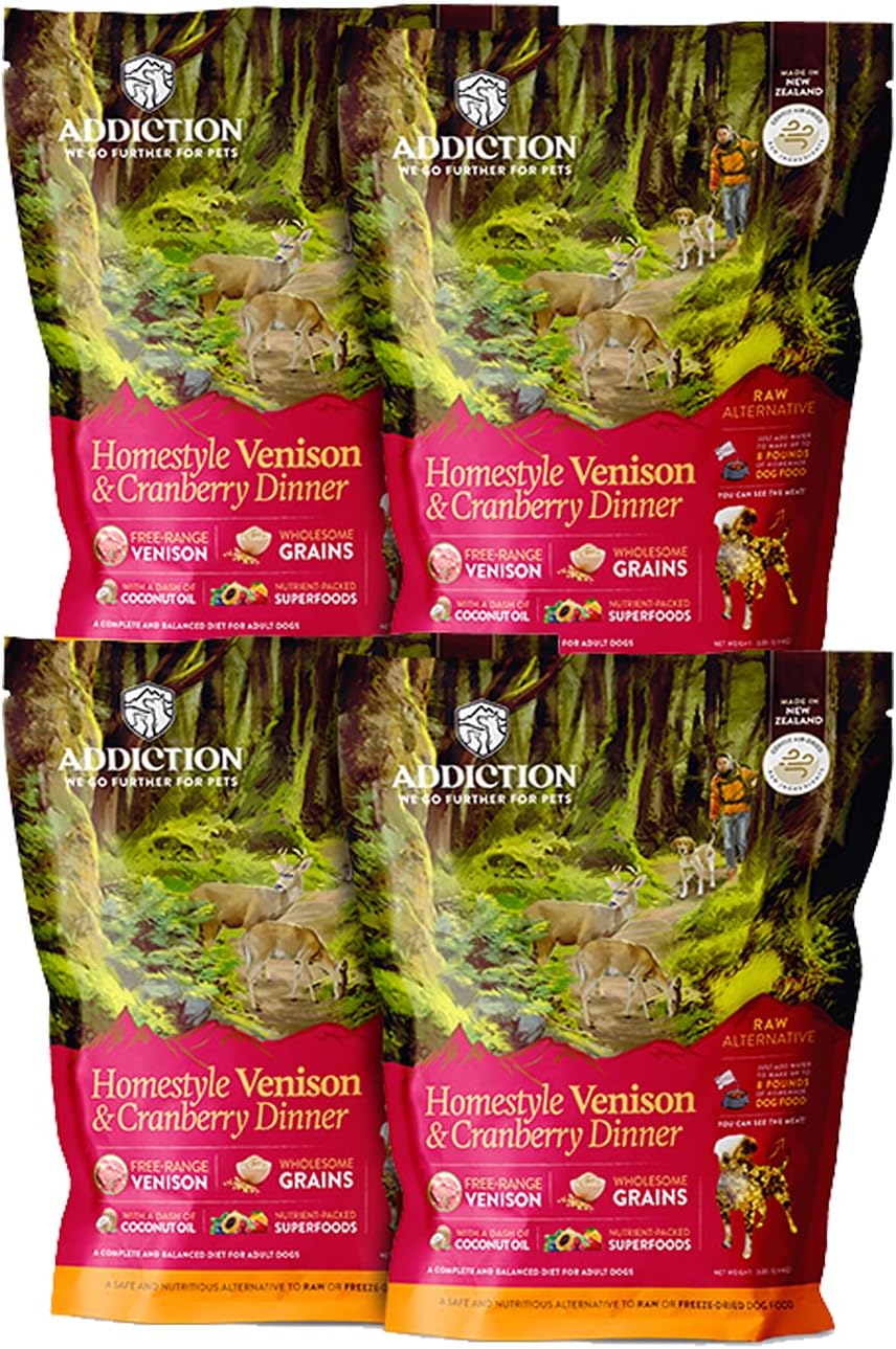 Addiction Homestyle Venison & Cranberry Dinner Air-Dried Grain-Free Dog Food – Complete Meal or Topper with Natural Ingredients for Digestive and Skin & Coat Health, 2lb - 4 Packs