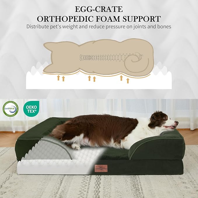 Comfort Expression Orthopedic Dog Bed for Medium Dogs 30x20 Inch, Waterproof Egg Crate Foam Medium Pet Bed with Removable Bolsters, Dog Couch with Washable Cover & Non-Slip Bottom, Olive Green