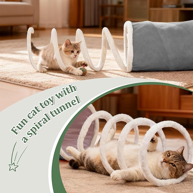 Ownpets 2-in-1 Cat Tunnel, Large Lollipop Shape Cat Tunnel Toy with Fluffy Balls, Spiral Toy, Plush Collapsible Cat Cave Hideout Donut Tunnel for Multi Kitten Puppy Rabbit (Grey)