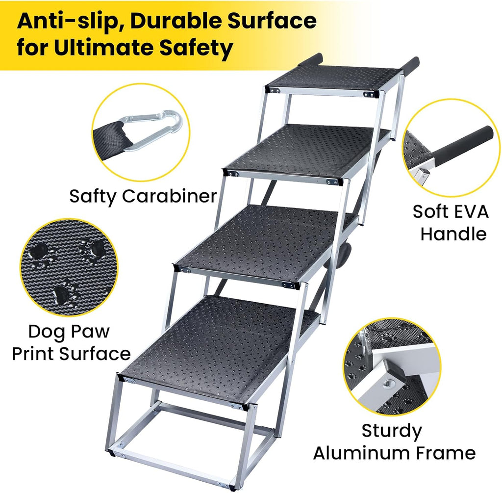Dog Stairs for Large Dogs, Extra Wide Dog Ramp for Car with Non-Slip Surface, Folding Dog Car Ramp for SUV & Car, Outdoor, Supports up to 250 lbs, 4 Steps