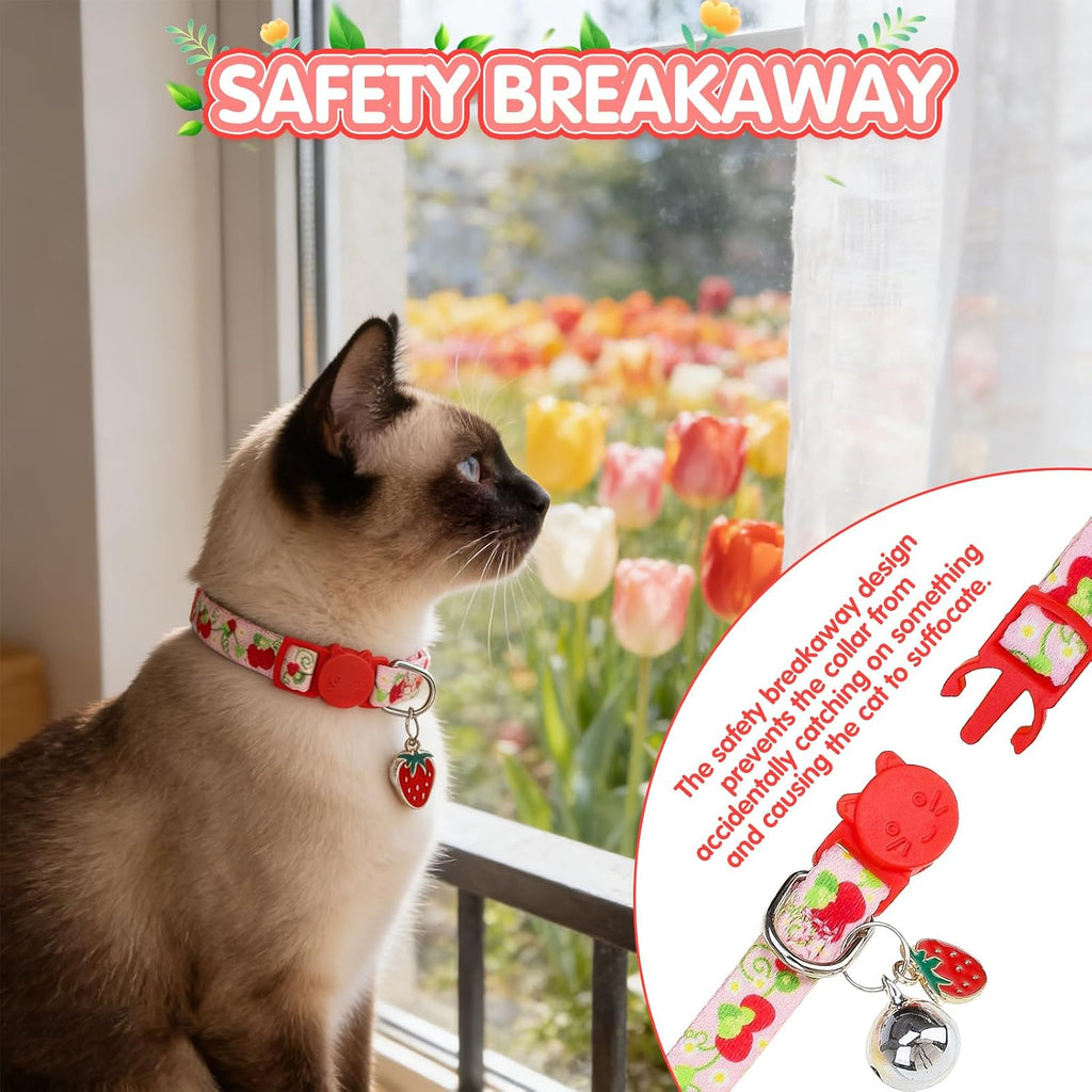 Flower Cat Collar Breakaway with Bells 3 Pack, Adjustable Soft Cute Cat Collars with Fruit Pendant for Spring Summer, Safe Floral Kitten Collar for Girl Boy Cats Pet Decoration Accessories