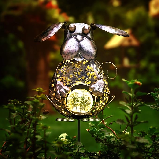 KAIXOXIN Garden Solar Lights Metal Dog Crackle Glass Globe Stake Light,Waterproof Warm White LED Solar Path Lights (Dog-Bronze)