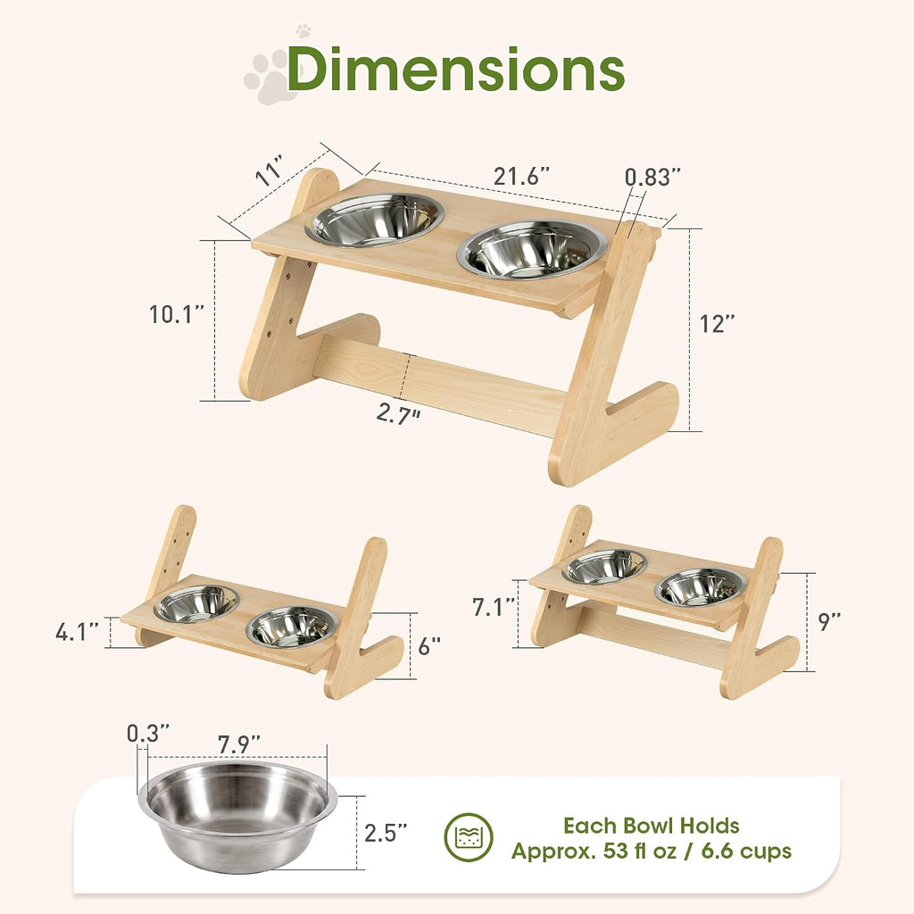 Solid Birch Wood Elevated Dog Bowl Stand for Large & Medium Dogs | Raised Dog Bowl Stand, 3 Heights, 10° Angled Top, Water-Resistant Finish, 2 Stainless Bowls, 8" Openings