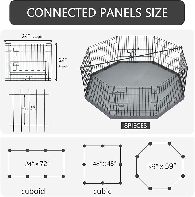 PETIME Foldable Metal Dog Exercise Pen/Pet Puppy Playpen Kennels Yard Fence Indoor/Outdoor 8 Panel 24" W x 24" H with Bottom Pad (with Bottom pad, 8 Panels 24" H)