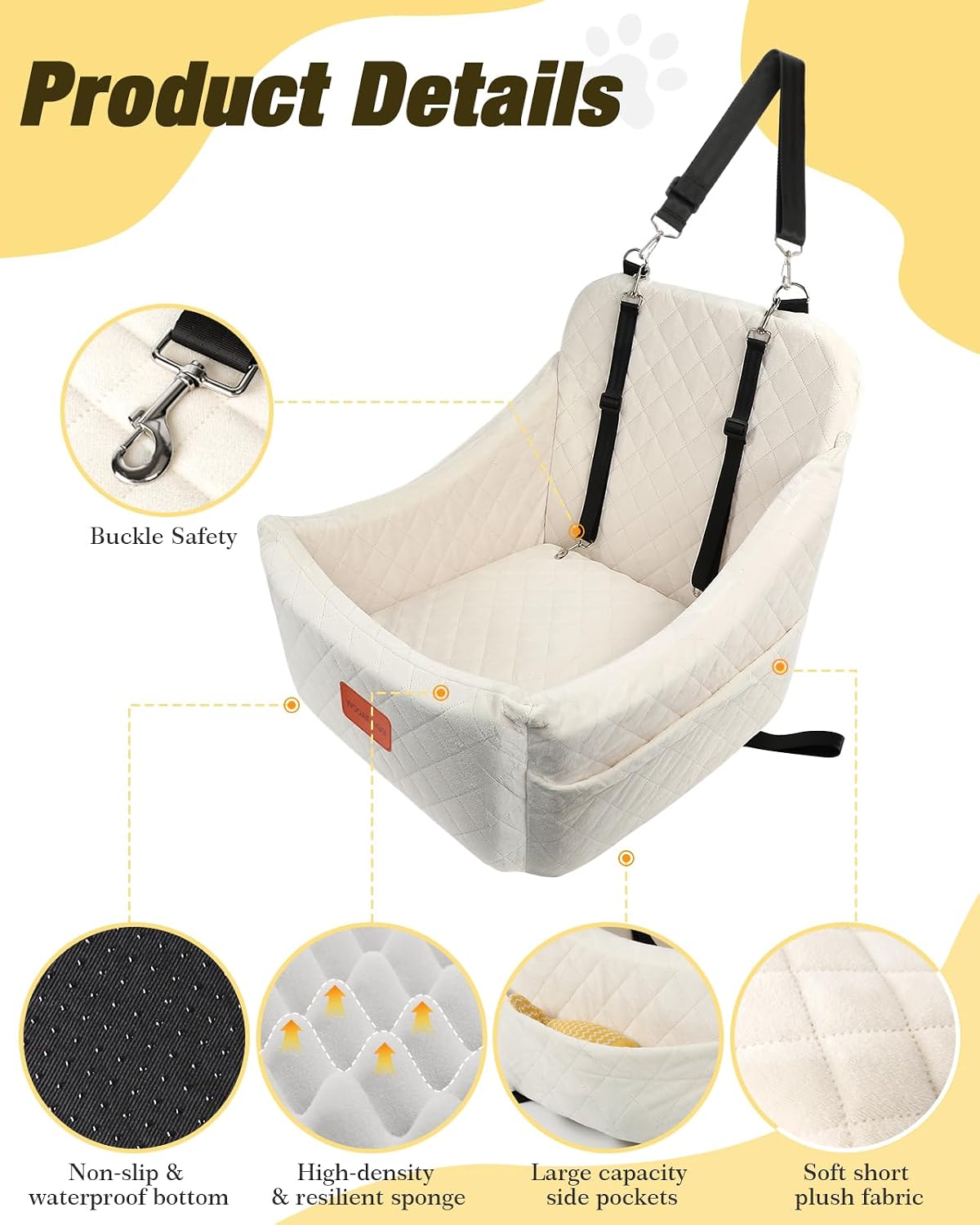 WOOAIDAGG Dog Car Seat for Medium Sized Dog,Pet Travel Car Bed with Seat Belt Channle,Fully Detachable and Washable Car Dog Seat with Adjustable Straps,3 Straps Easy to Install (Beige)