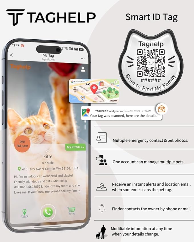 Cute Floral Breakaway Cat Collar with QR Code ID Tag, Soft Cotton Adjustable Kitten Collar with Bell, Personalized Scan ID for Cats, Daisy Pattern, Flower Pendant(Purple)