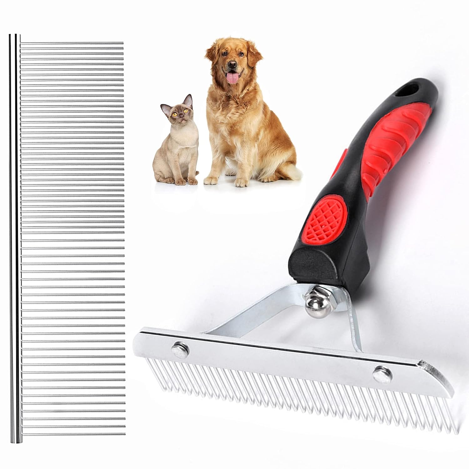 Grooming Rake Undercoat Brush Set for Long Hair Dogs | Long Tooth Undercoat Rake, Stainless Steel Dog Comb, Deshedding Tool Set, For Husky Long-haired Cats, Pet Knot-Removal Kit