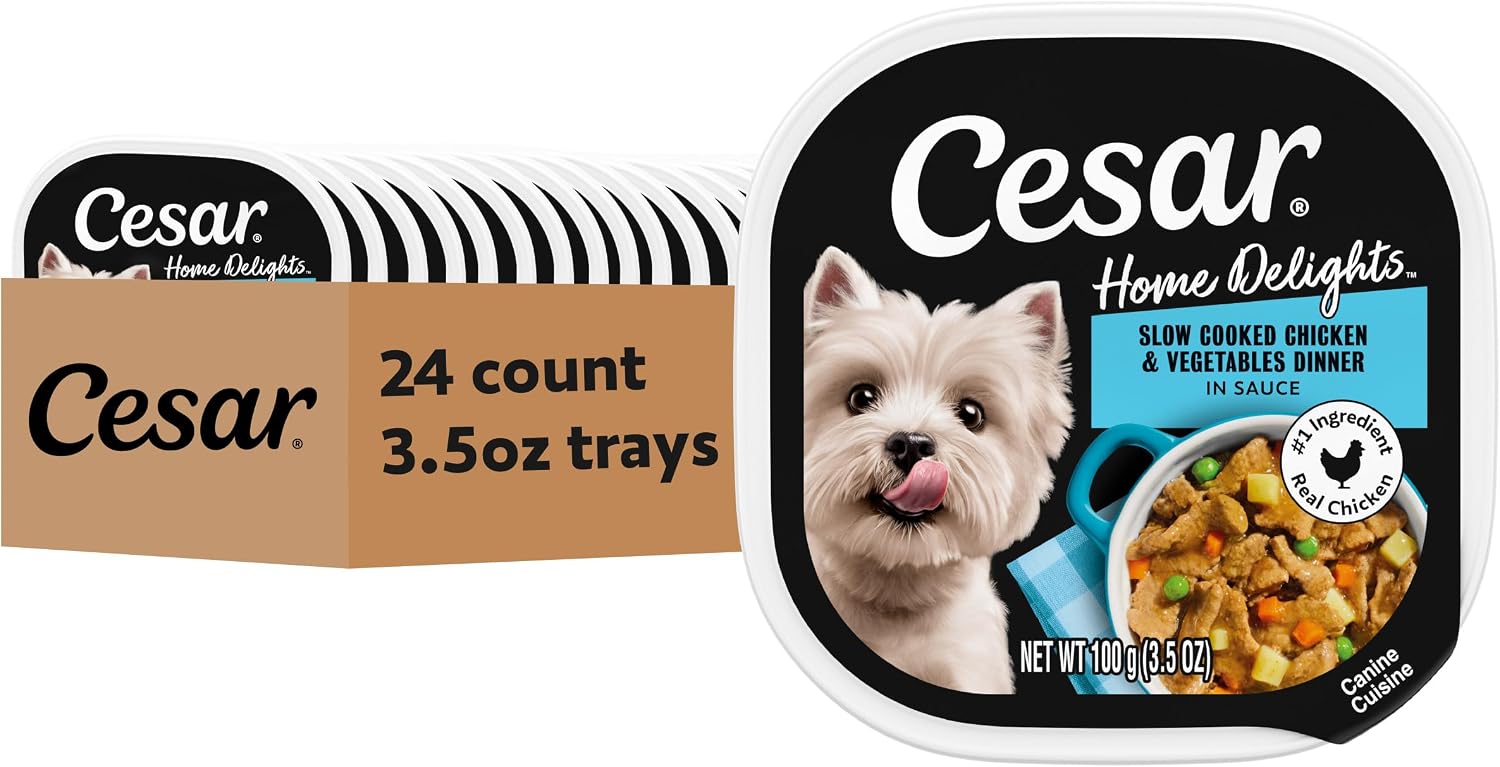 Cesar Home Delights Wet Dog Food, Chicken & Vegetables, 3.5 oz, 24 Count | Real chicken #1 ingredient, no fillers or added sugar, easy to digest, use as meal or food topper, easy peel trays