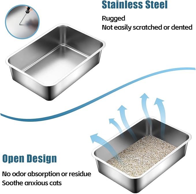 Stainless Steel Cat Litter Box - XL Metal High Sided Cat Pan Tray, Easy to Clean Non Stick Odorless Large Pet Toilet Supplies for Big Cats Kitty Kitten, 23.6 x15.75 x6 Inch, Silver