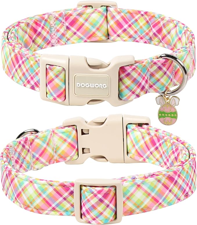 DOGWONG Easter Dog Collar, Cute Easter Colorful Plaid Pet Collar Durable Holiday Girl Boy Adjustable Cotton Dog Collars for Puppy Small Medium Dogs,M Visit The Elegant Little Tail Store