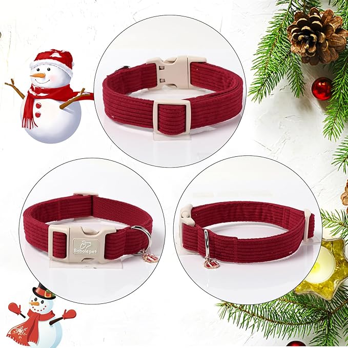 Cute Corduroy Dog Collar - Burgundy Adjustable Dog Collars for Large Dogs 50-80lbs, Fade-Proof with Secure Snap & Little Charm, Christmas Birthday Gift, L