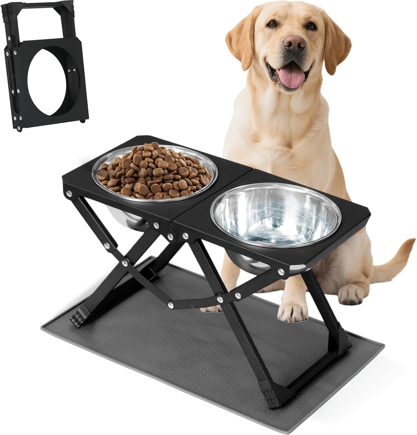 Foldable Elevated Dog Bowl Holder with 2 Large 58oz Stainless Steel Bowls, 10.2" Tall Raised Dog Bowl Stand for Medium/Large Breeds with Silicone Mat, Indoor and Outdoor Use