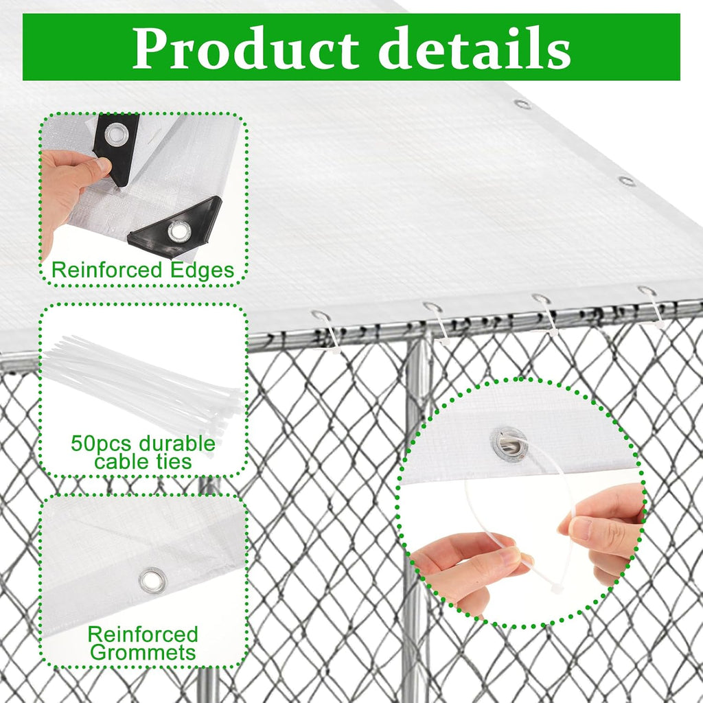 Outdoor Dog Kennel Cover Waterproof, 7.5 x 8 FT UV Protection Dog Fence Tarp with 50 Zip Ties for Outside Large Dog Enclosure Cage (Cover Only)