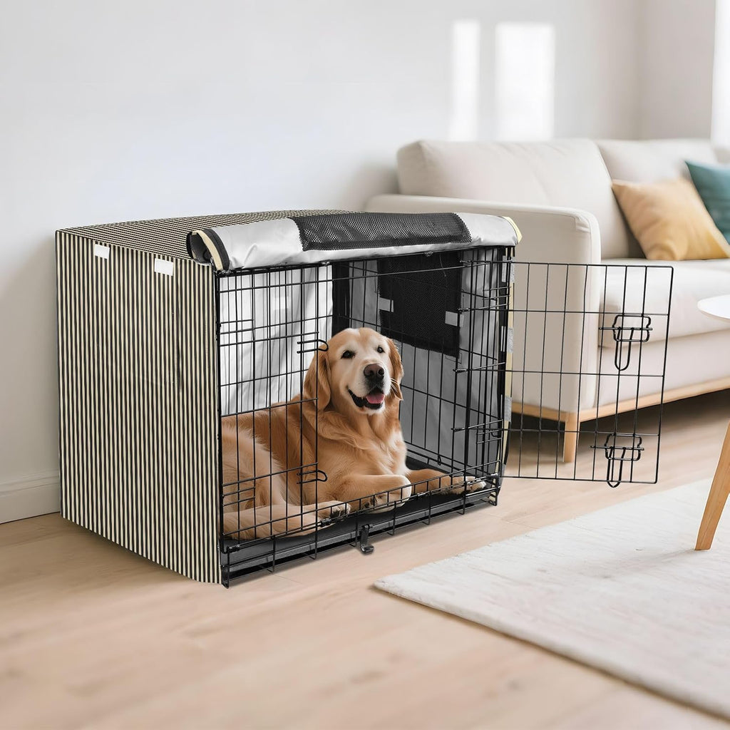 Beige Black Stripes Dog Crate Cover 42in Pet Kennel Cover | 600D Oxford Heavy Duty Kennel Covers, Breathable Mesh Window, Soundproof Waterproof Sunshade Universal Fit for Wire Cage