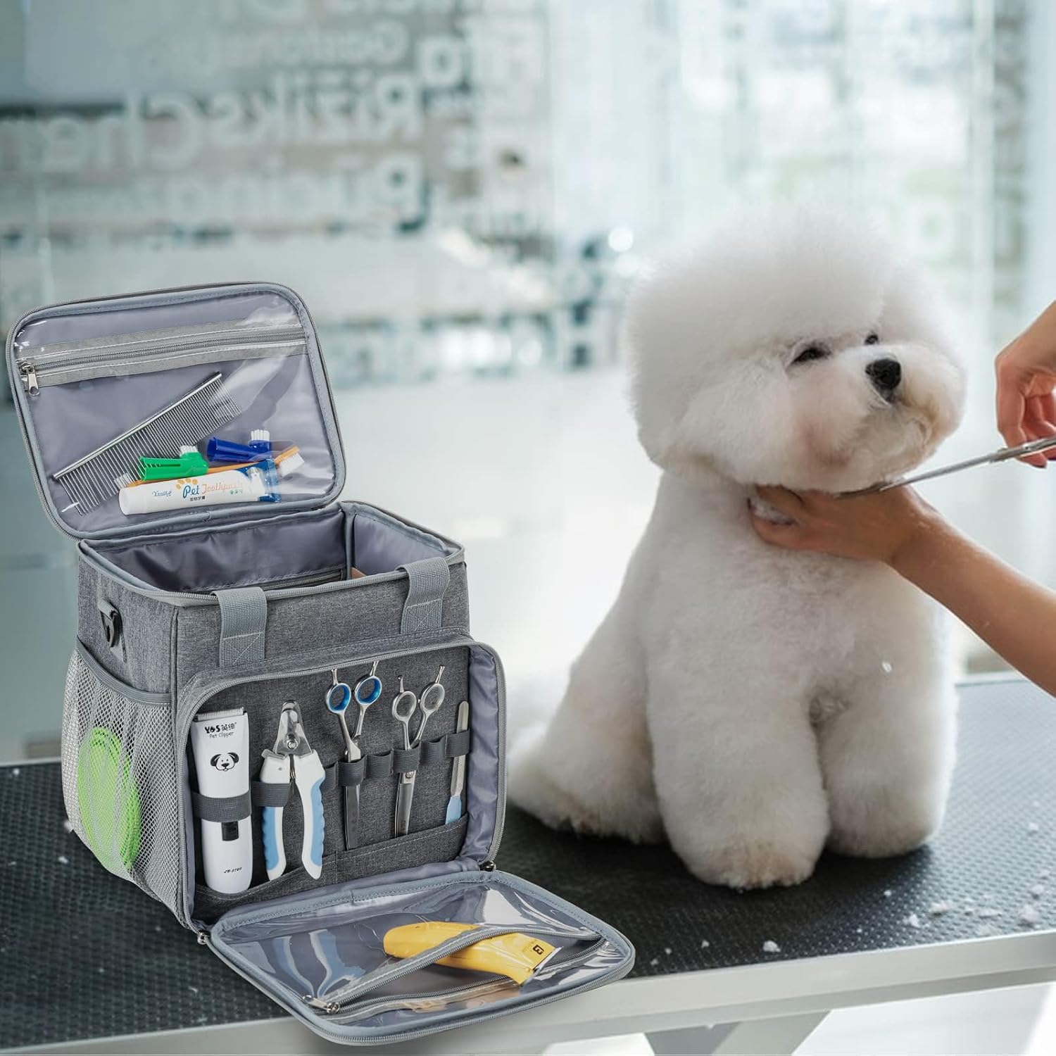 Pet Grooming Bag, Dog Grooming Supplies Organizer Tote Bag, Perfect for Pet Grooming Tool Kit Accessories-Grey