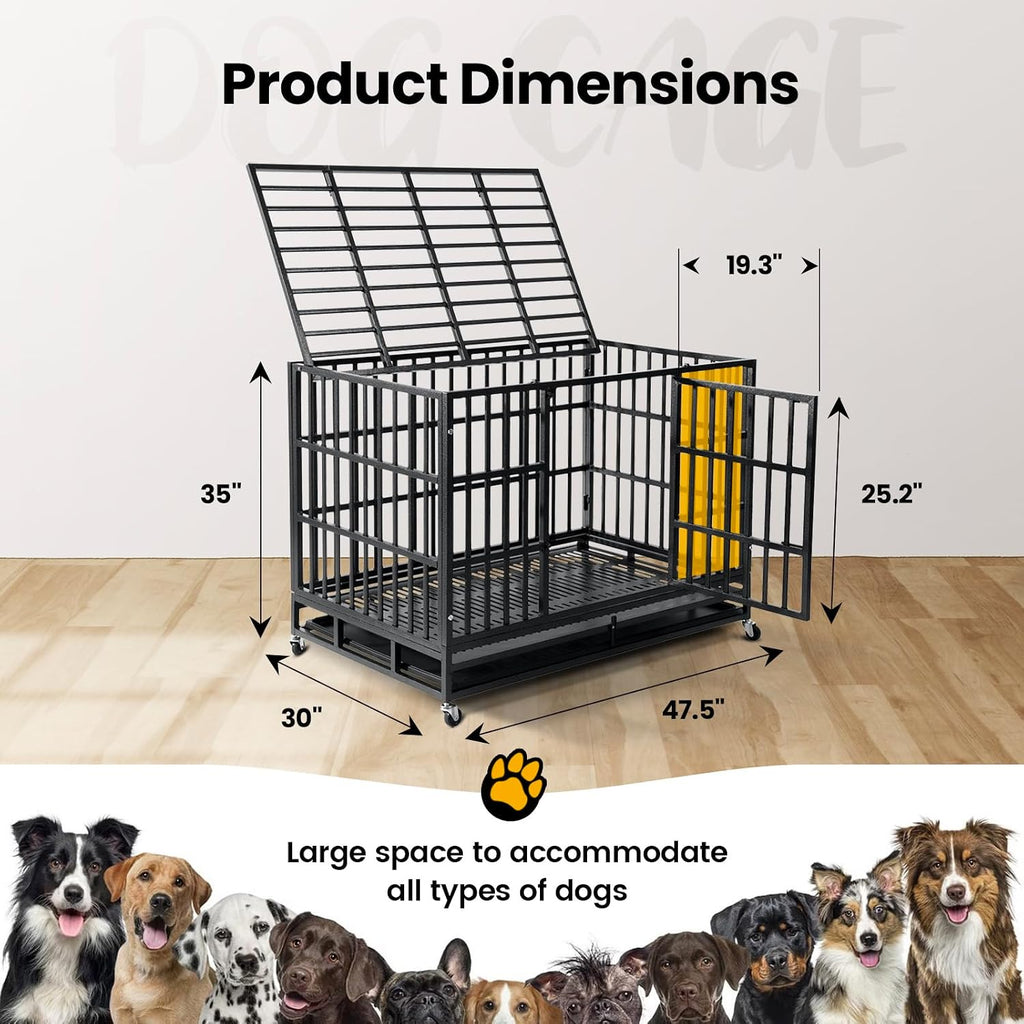 WOKEEN 48 inch Thick Flat Tube Heavy Duty Dog Crate Cage Kennel with Wheels, Crate for Large Dogs with Upgrade Tray, Double Door and Sturdy Locks for High Anxiety Dogs, Indestructible Dog Crate BLACK